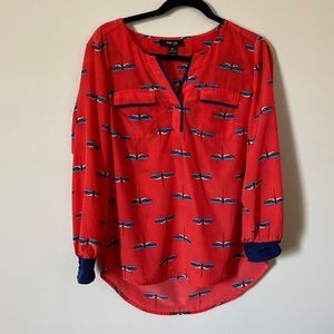 Blouse; size medium petite. Color orange with a fun dragonfly print.